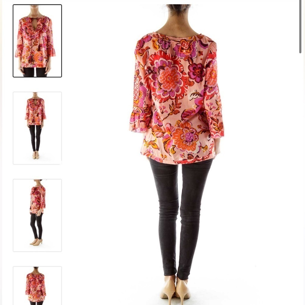 Tory Burch Pink Floral Tassel Tie Boho Blouse Top Size 4 Silk Cotton Blend - Picture 5 of 15